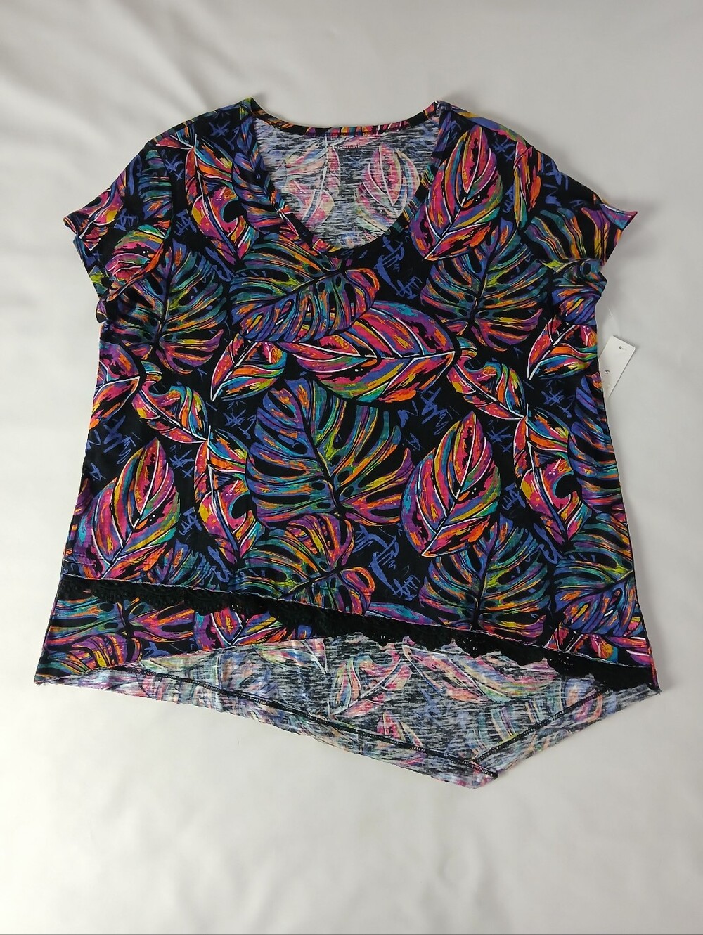 NWT New Westbound Tropical Leaf Print Short Sleeve Hi-low Asymmetrical Hem Top